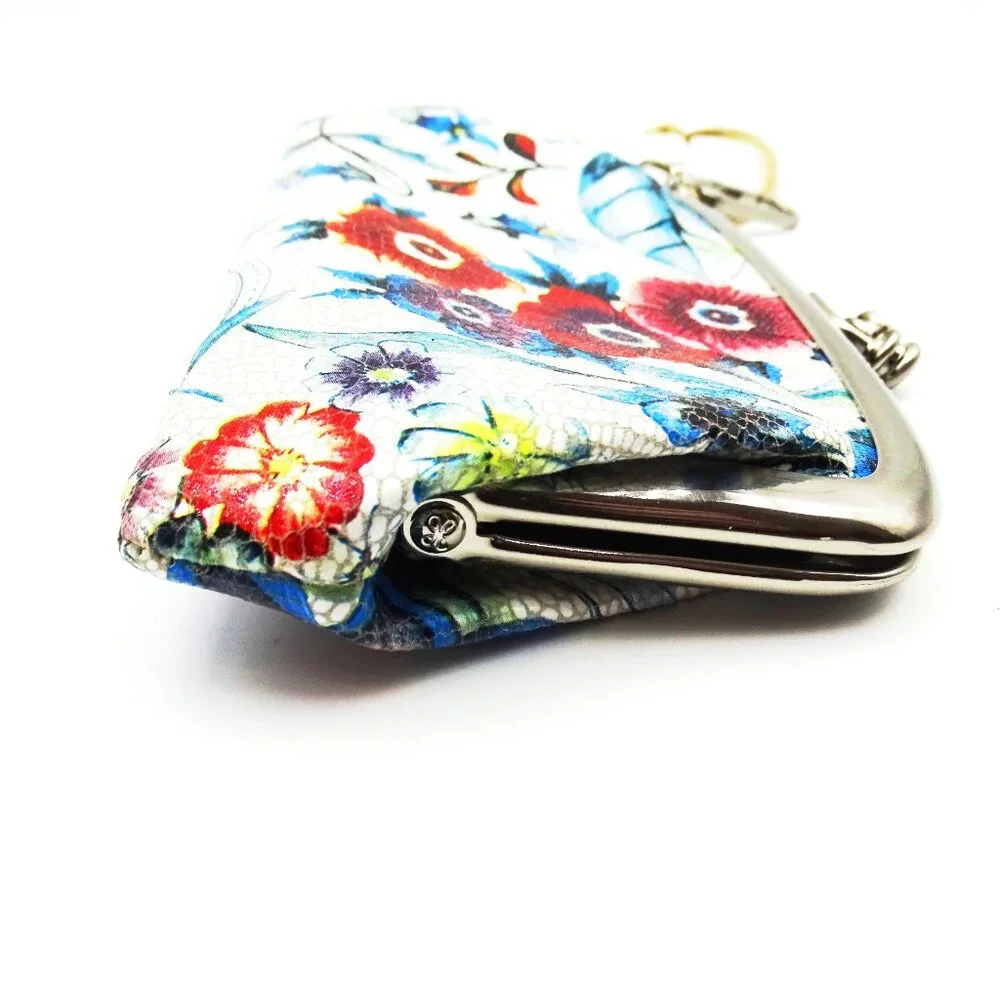 HOBO International Floral Kiss-lock Wallet in White with Blue, Green, Red Accent